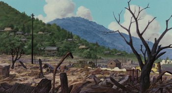 Movie still from “Grave of the Fireflies” (1988), directed by Isao Takahata – An oil painting of an area with a mountain in the background; Extreme Wide shot, Low angle