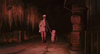 Movie still from “Grave of the Fireflies” (1988), directed by Isao Takahata – A man and a child walking down a street; Wide shot, High angle