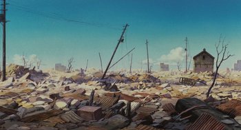 Movie still from “Grave of the Fireflies” (1988), directed by Isao Takahata – An image of a pile of rubble in the middle of the day; Extreme Wide shot, Low angle