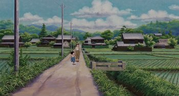 Movie still from “Grave of the Fireflies” (1988), directed by Isao Takahata – A painting of a man and a child walking down a road; Extreme Wide shot, Low angle