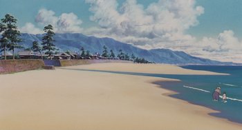 Movie still from “Grave of the Fireflies” (1988), directed by Isao Takahata – A painting of a beach with mountains in the background; Extreme Wide shot, Low angle