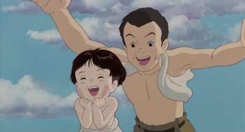 Movie still from “Grave of the Fireflies” (1988), directed by Isao Takahata – An animated picture of a man and a child; Close Up shot, Low angle