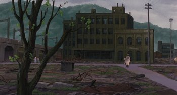 Movie still from “Grave of the Fireflies” (1988), directed by Isao Takahata – An animated scene of a building and a tree; Extreme Wide shot, Low angle