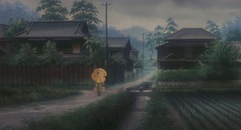 Movie still from “Grave of the Fireflies” (1988), directed by Isao Takahata – An oil painting of a person with an umbrella walking down the street; Extreme Wide shot, High angle