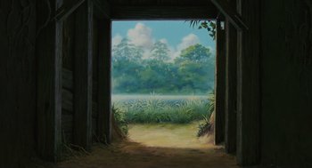 Movie still from “Grave of the Fireflies” (1988), directed by Isao Takahata – A painting of an open door leading to a lush green field; Extreme Wide shot, Low angle
