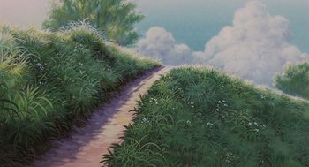 Movie still from “Grave of the Fireflies” (1988), directed by Isao Takahata – A painting of a dirt road going up a hill; Extreme Wide shot, High angle