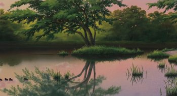 Movie still from “Grave of the Fireflies” (1988), directed by Isao Takahata – A painting of a tree in the middle of a body of water; Extreme Wide shot, Low angle