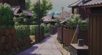 Movie still from “Grave of the Fireflies” (1988), directed by Isao Takahata – An oil painting of an alley way in a residential area; Extreme Wide shot, Low angle