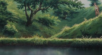 Movie still from “Grave of the Fireflies” (1988), directed by Isao Takahata – A painting of trees and a river in a wooded area; Extreme Wide shot, High angle