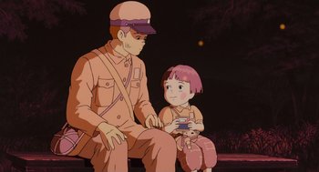 Movie still from “Grave of the Fireflies” (1988), directed by Isao Takahata – An animated scene of a man and a child; Medium shot, Over the shoulder angle