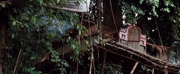 Movie still from “Greystoke: The Legend of Tarzan, Lord of the Apes” (1984), directed by Hugh Hudson – A tree house in the middle of a forest; Extreme Wide shot, Low angle