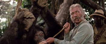 Movie still from “Greystoke: The Legend of Tarzan, Lord of the Apes” (1984), directed by Hugh Hudson – An old man holding a stick in front of a monkey; Close Up shot, Low angle