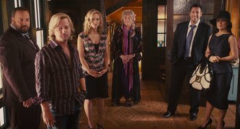 Movie still from “Grown Ups” (2010), directed by Dennis Dugan – A group of people standing in a room; Wide shot, High angle