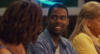 Movie still from “Grown Ups” (2010), directed by Dennis Dugan – A man sitting next to a woman in front of another man; Close Up shot, Over the shoulder angle