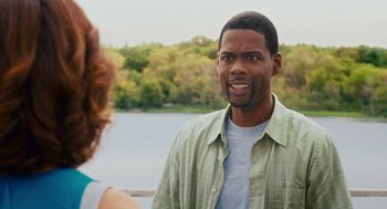 Movie still from “Grown Ups” (2010), directed by Dennis Dugan – A man standing next to a woman near a body of water; Medium shot, Over the shoulder angle