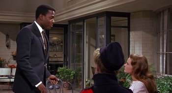 Movie still from “Guess Who's Coming to Dinner” (1967), directed by Stanley Kramer – A group of people standing in front of a building; Medium shot, Over the shoulder angle