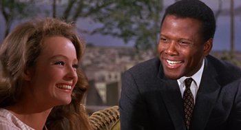 Movie still from “Guess Who's Coming to Dinner” (1967), directed by Stanley Kramer – A man and a woman sitting next to each other on a couch; Close Up shot, Over the shoulder angle