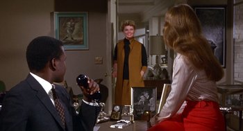 Movie still from “Guess Who's Coming to Dinner” (1967), directed by Stanley Kramer – A group of people standing around a table; Medium shot, Over the shoulder angle