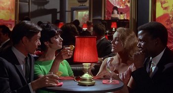 Movie still from “Guess Who's Coming to Dinner” (1967), directed by Stanley Kramer – A group of people sitting at a table with drinks; Medium shot, Low angle