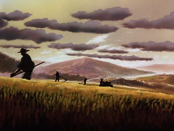 Movie still from “Gundam Wing: The Movie - Endless Waltz” (1998), directed by Yasunao Aoki – A group of people standing on top of a grass covered field; Extreme Wide shot, Low angle