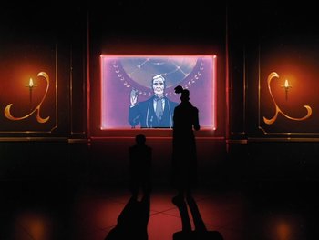 Movie still from “Gundam Wing: The Movie - Endless Waltz” (1998), directed by Yasunao Aoki – Two people standing in front of a large screen television; Wide shot, Low angle