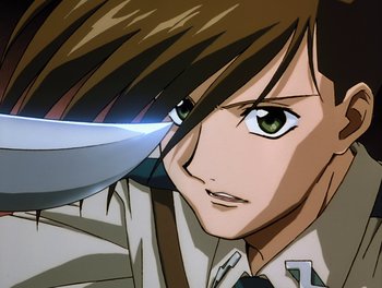 Movie still from “Gundam Wing: The Movie - Endless Waltz” (1998), directed by Yasunao Aoki – A person with a knife in their face; Close Up shot, Low angle