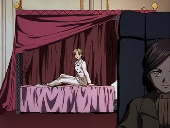 Movie still from “Gundam Wing: The Movie - Endless Waltz” (1998), directed by Yasunao Aoki – A woman sitting on top of a bed in front of a curtain; Wide shot, Low angle