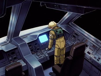 Movie still from “Gundam Wing: The Movie - Endless Waltz” (1998), directed by Yasunao Aoki – A cartoon of a man in a space suit looking at a computer screen; Wide shot, High angle