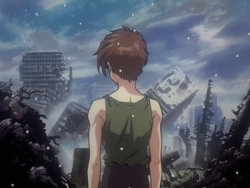 Movie still from “Gundam Wing: The Movie - Endless Waltz” (1998), directed by Yasunao Aoki – A woman standing in front of an abandoned city; Medium shot, Low angle