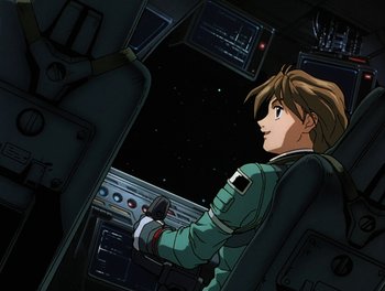 Movie still from “Gundam Wing: The Movie - Endless Waltz” (1998), directed by Yasunao Aoki – An animated character is sitting in a space ship; Medium shot, Low angle