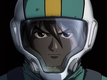 Movie still from “Gundam Wing: The Movie - Endless Waltz” (1998), directed by Yasunao Aoki – An animated picture of a person wearing a helmet; Close Up shot, Low angle