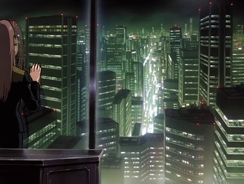 Movie still from “Gundam Wing: The Movie - Endless Waltz” (1998), directed by Yasunao Aoki – A man sitting on a window ledge looking out over a city at night; Wide shot, Low angle