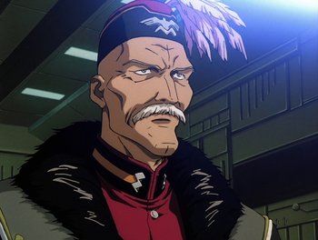 Movie still from “Gundam Wing: The Movie - Endless Waltz” (1998), directed by Yasunao Aoki – An old man with a mustache and a feather mohawk; Close Up shot, Low angle