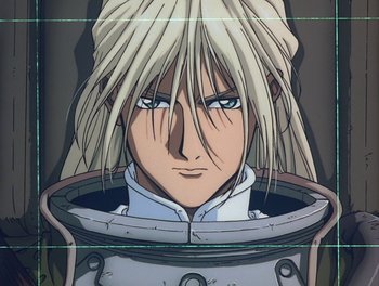 Movie still from “Gundam Wing: The Movie - Endless Waltz” (1998), directed by Yasunao Aoki – A person with long blonde hair; Close Up shot, Low angle