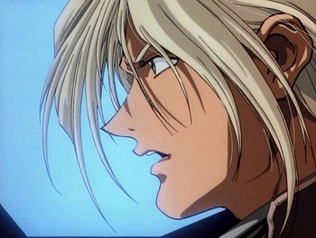 Movie still from “Gundam Wing: The Movie - Endless Waltz” (1998), directed by Yasunao Aoki – A man's face with long white hair; Close Up shot, Low angle