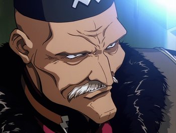 Movie still from “Gundam Wing: The Movie - Endless Waltz” (1998), directed by Yasunao Aoki – An animated picture of a man with a mustache; Close Up shot, Low angle