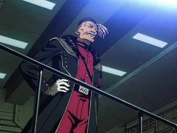 Movie still from “Gundam Wing: The Movie - Endless Waltz” (1998), directed by Yasunao Aoki – An animated character is standing on a railing; Medium shot, Low angle
