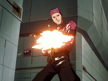 Movie still from “Gundam Wing: The Movie - Endless Waltz” (1998), directed by Yasunao Aoki – A man holding a fire in his hands; Medium shot, Low angle