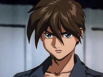 Movie still from “Gundam Wing: The Movie - Endless Waltz” (1998), directed by Yasunao Aoki – A person wearing a jacket; Close Up shot, Low angle