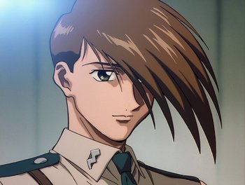 Movie still from “Gundam Wing: The Movie - Endless Waltz” (1998), directed by Yasunao Aoki – A man with long brown hair is wearing a uniform; Close Up shot, High angle