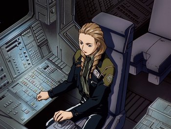 Movie still from “Gundam Wing: The Movie - Endless Waltz” (1998), directed by Yasunao Aoki – A woman sitting in a chair in a spaceship; Medium shot, High angle