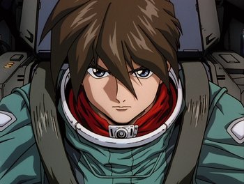 Movie still from “Gundam Wing: The Movie - Endless Waltz” (1998), directed by Yasunao Aoki – A person wearing a suit and a helmet; Close Up shot, Low angle