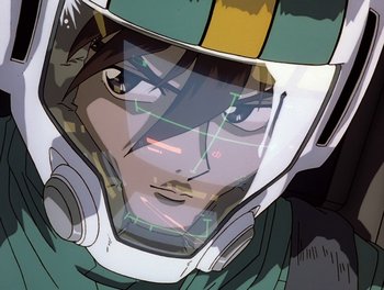 Movie still from “Gundam Wing: The Movie - Endless Waltz” (1998), directed by Yasunao Aoki – An illustration of a man with a helmet on; Close Up shot, Low angle