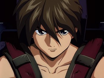 Movie still from “Gundam Wing: The Movie - Endless Waltz” (1998), directed by Yasunao Aoki – A person with long brown hair; Close Up shot, Low angle