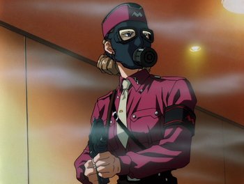 Movie still from “Gundam Wing: The Movie - Endless Waltz” (1998), directed by Yasunao Aoki – A man with a gas mask is holding a gun; Medium shot, Low angle