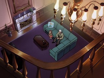 Movie still from “Gundam Wing: The Movie - Endless Waltz” (1998), directed by Yasunao Aoki – An animated living room scene with two people sitting on a couch; Wide shot, High angle