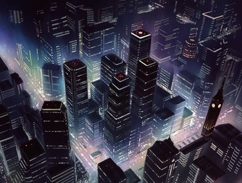 Movie still from “Gundam Wing: The Movie - Endless Waltz” (1998), directed by Yasunao Aoki – An aerial view of a large city at night time; Extreme Wide shot, High angle