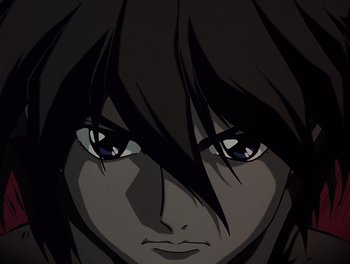 Movie still from “Gundam Wing: The Movie - Endless Waltz” (1998), directed by Yasunao Aoki – A woman's face with long black hair; Extreme Close Up shot, Low angle