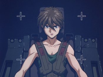 Movie still from “Gundam Wing: The Movie - Endless Waltz” (1998), directed by Yasunao Aoki – An anime character is sitting in an airplane seat; Medium shot, Overhead angle