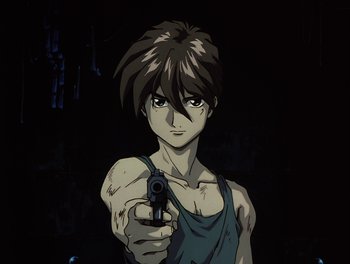 Movie still from “Gundam Wing: The Movie - Endless Waltz” (1998), directed by Yasunao Aoki – A man holding a gun in a dark room; Close Up shot, Low angle